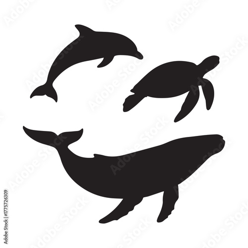 An artistic vector silhouette of a dolphin or whale swimming in the ocean