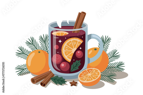 A festive mug of mulled wine with oranges and cinnamon sticks is ready to drink.