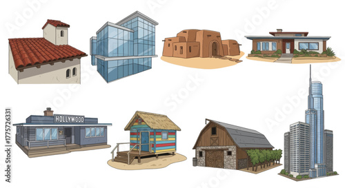 Collection of diverse architectural styles and building designs showcasing various structures from different eras and regions