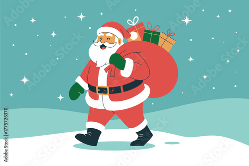 Santa Claus walks through a snowy landscape carrying a sack of gifts.