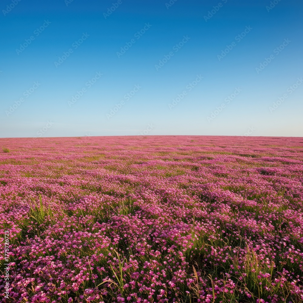 Fototapeta premium A vast, sweeping landscape featuring thousands of tiny pink wildflowers carpeting an open meadow beneath a clear blue sky ,natural, vibrant, blossom