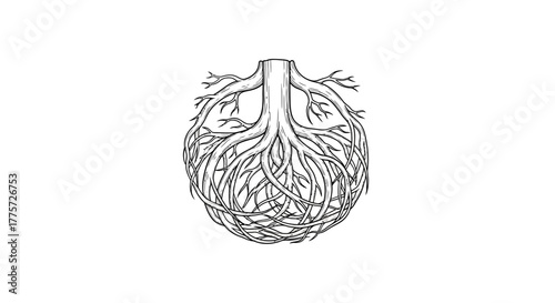 A detailed black and white illustration of a spherical root system, resembling a dense network of intertwined branches originating from a central trunk.
