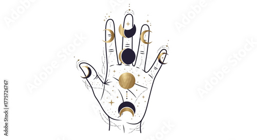 Mystical hand with celestial sun and moon phases, representing palmistry, astrology, and spiritual guidance on a white background.