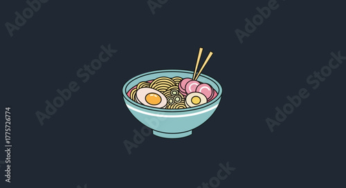 A minimalist vector illustration of a bowl of Japanese ramen soup with noodles, egg, and narutomaki.