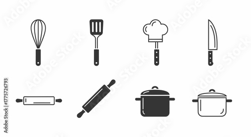 A collection of kitchen utensils and cookware, including a whisk, spatula, chef's hat, knife, rolling pin, and pots.
