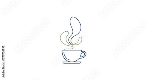 Minimalist line art illustration of a coffee cup with blue and gold steam rising, set against a clean white background.