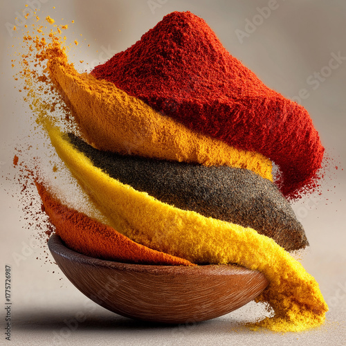 Colorful Spice Mound in Wooden Bowl Aromatic Flavors in Culinary Art