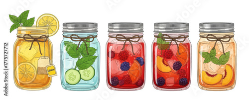 A variety of refreshing infused waters in mason jars, including lemon, cucumber, berry, cherry, and peach flavors