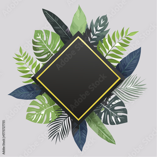 Tropical Green and Dark Foliage Frame with Central White Diamond Shape.