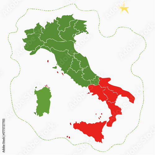 Colorful Italian Map Illustration with Green Northern and Red Southern Regions.