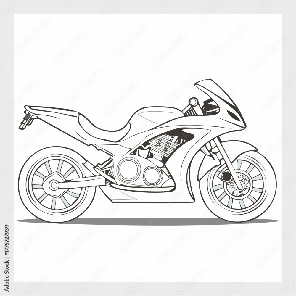 Fototapeta premium Sleek Sport Motorcycle Line Art Illustration Side View Modern Design Detailed Engine.
