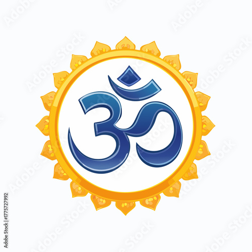 Blue Om Symbol with Golden Floral Halo Hindu Spirituality Icon.