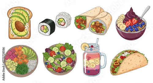 Delicious And Healthy Food Items Including Sushi, Burrito, Salad, Smoothie, Tacos And Avocado Toast