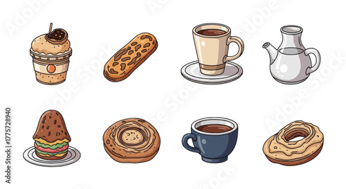 Collection of delicious pastries and hot drinks including coffee, donuts, and cakes