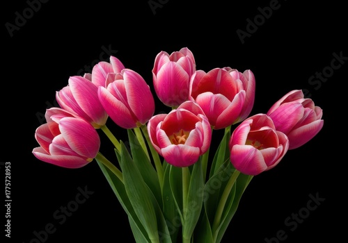 Vibrant pink tulip blossoms arranged beautifully in a fresh spring bouquet, symbolizing renewal and vibrant seasonal color and growth ,macro ,seasonal ,decoration