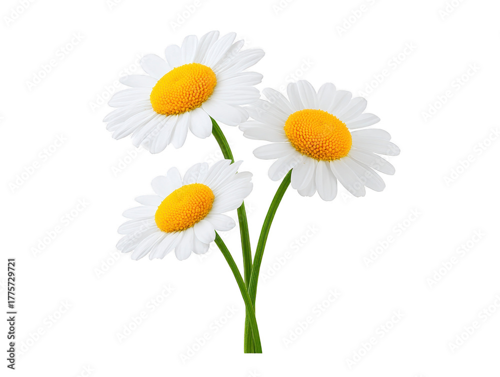 Fototapeta premium Three white daisy flowers with yellow centers and green stems isolated on transparent background, symbolizing freshness and simplicity, evoke cheerful and natural feeling