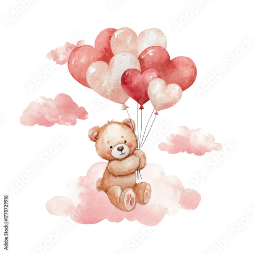 Watercolor illustration of a loving pink teddy bear for Valentine's Day.