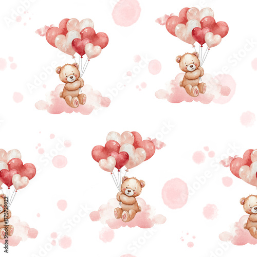 A seamless watercolor pattern featuring a pink teddy bear with balloons in the clouds. A festive background for Valentine's Day.