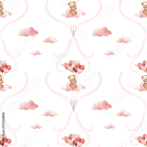 A seamless watercolor pattern featuring a pink teddy bear with balloons in the clouds. A festive background for Valentine's Day.