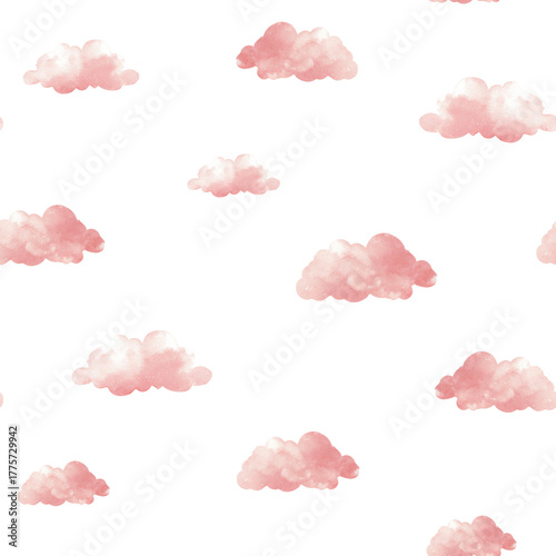 A seamless watercolor pattern featuring a pink teddy bear with balloons in the clouds. A festive background for Valentine's Day.