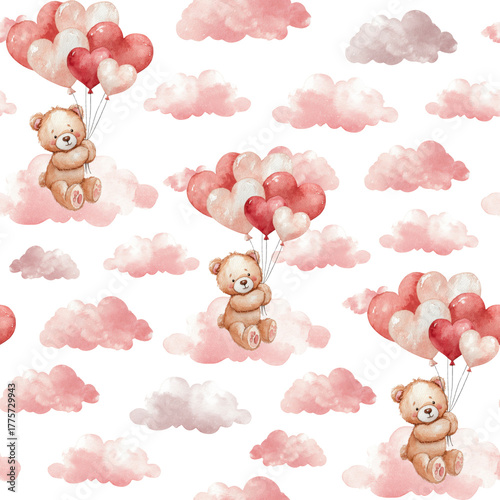 A seamless watercolor pattern featuring a pink teddy bear with balloons in the clouds. A festive background for Valentine's Day.