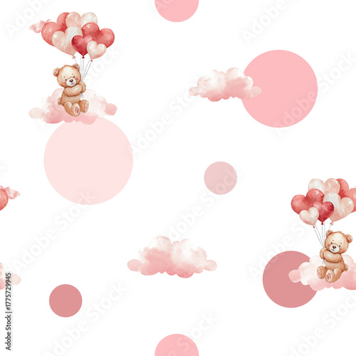 A seamless watercolor pattern featuring a pink teddy bear with balloons in the clouds. A festive background for Valentine's Day.