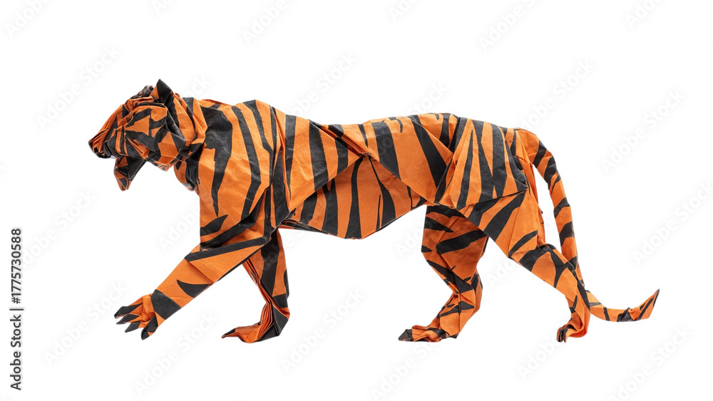 Obraz premium PNG of A creatively folded orange and black origami tiger in a walking pose, showcasing intricate paper craftsmanship.
