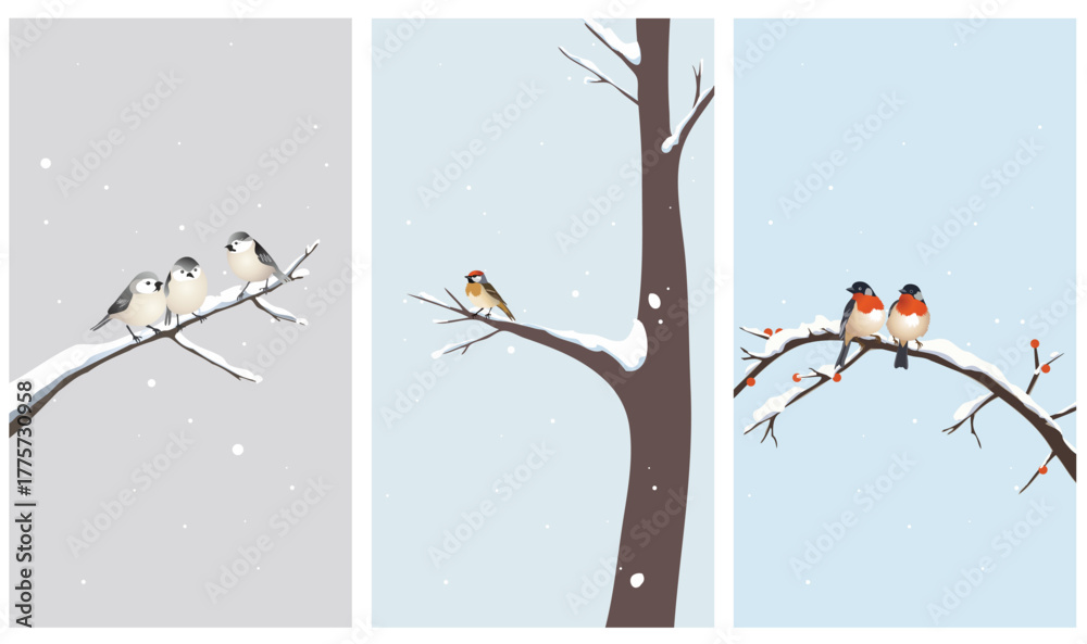 Naklejka premium Minimal winter illustrations of cute birds sitting on snowy branches. Calm seasonal nature background for mobile, greeting cards, or holiday design.