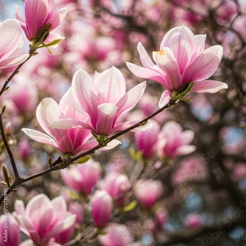 Delicate pink saucer magnolia tree flowers blooming profusely in bright sunlight, signifying the start of the vibrant spring season ,fresh ,pink ,garden