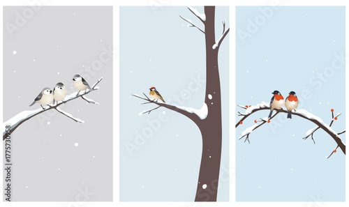 Minimal winter illustrations of cute birds sitting on snowy branches. Calm seasonal nature background for mobile, greeting cards, or holiday design.