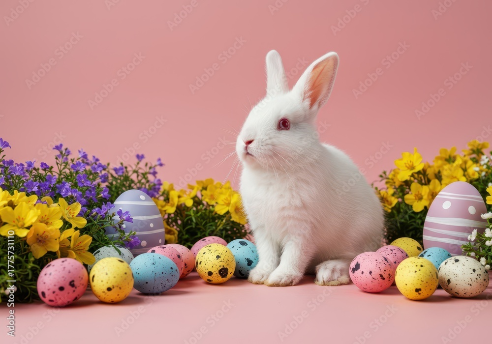 Fototapeta premium Fluffy white Easter bunny standing amidst colorful speckled eggs and blooming spring flowers, symbolizing the April seasonal celebration ,holiday ,colorful ,arrival