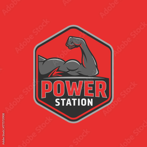 Bold Power Station emblem with powerful arm design on red background