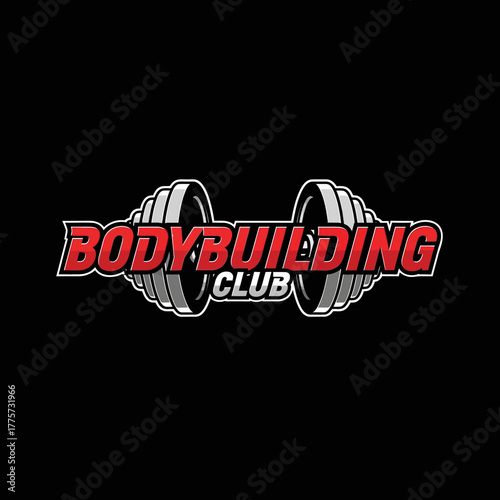 dynamic fitness club emblem with powerful dumbbell imagery and bold typography