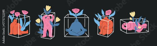 Personal space concept. Different persons humans introverts, sitting, standing in boxes, flowers inside. Meditation, calm flat doodle funny characters, vector illustration. Psychotherapy, psychology