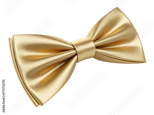 Golden satin bowtie isolated. Elegant formal fashion accessory. Classic gold silk bow tie for gentleman's suit, wedding, or party. Luxury clothing element.