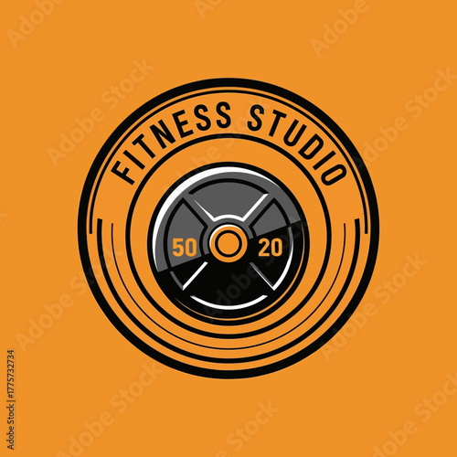 dynamic fitness studio logo design with barbell weight plate