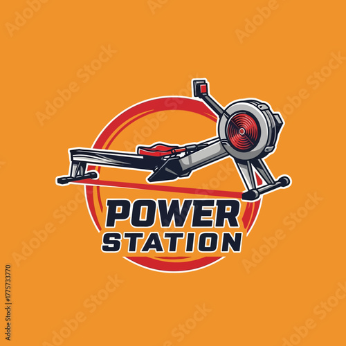 dynamic fitness logo featuring a rowing machine on an orange background