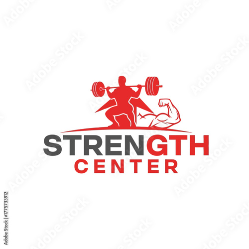 Dynamic fitness logo with weightlifter and strong arm for gym branding