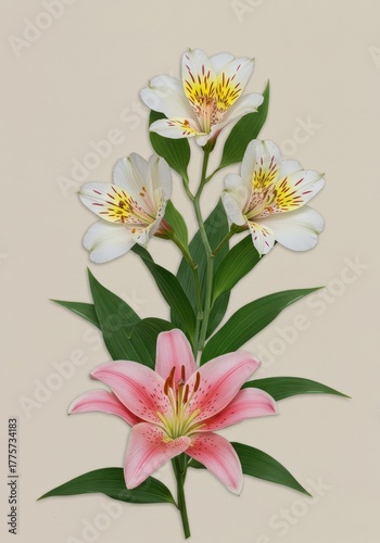 Beautiful layered artistic collage featuring various types of delicate lily flowers and green leaves on a textured background, lilies, summer, nature