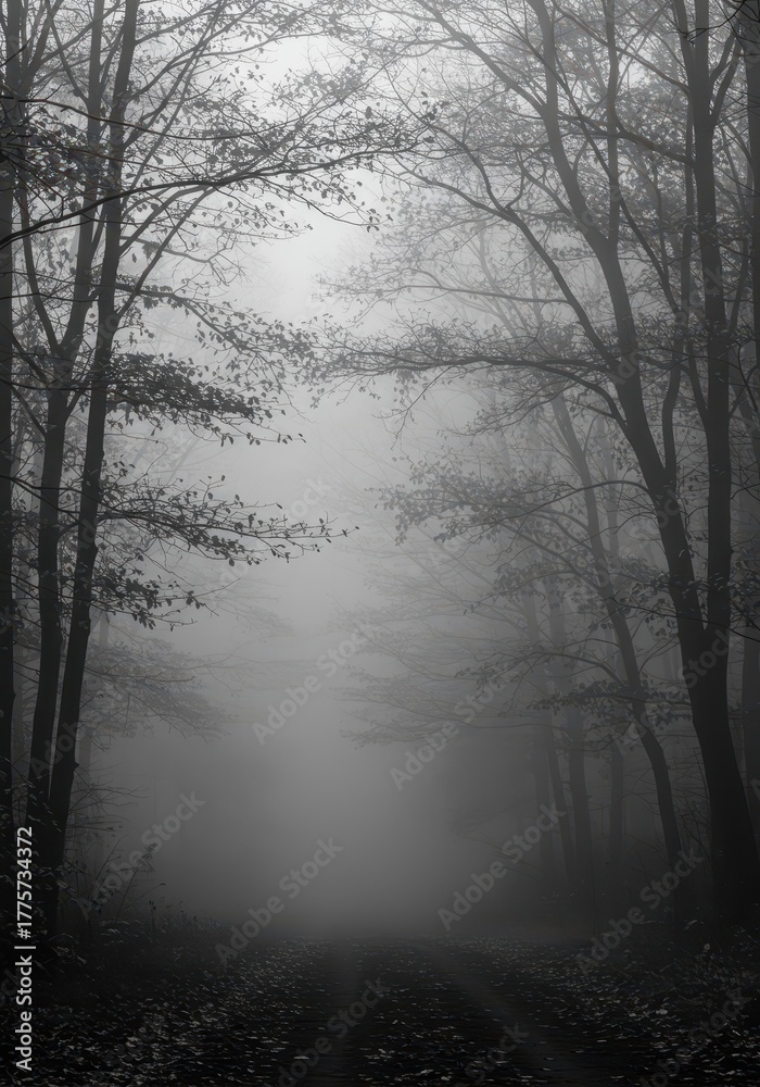 Fototapeta premium Eerie monochrome woodland landscape shrouded in dense morning fog, creating a peaceful, atmospheric, and natural background texture perfect for wallpaper ,ethereal ,light ,peaceful