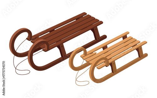 Two wooden sleds, one larger than the other, are ready for winter fun.