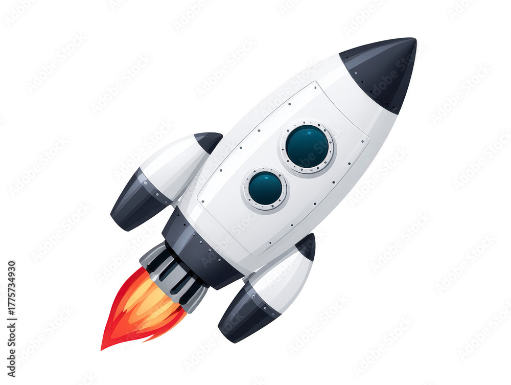 Fototapeta premium Rocket spaceship space launch fire flame technology science exploration futuristic. A white and black rocket with two round windows and fiery exhaust symbolizing adventure innovation and futuristic