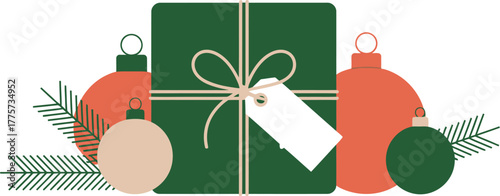 Festive green gift box adorned with ornaments and pine sprigs, ready for holiday celebrations.