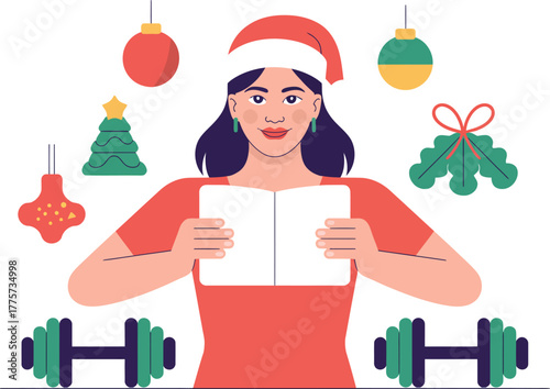 Joyful woman in Santa hat reads book surrounded by festive Christmas and fitness elements