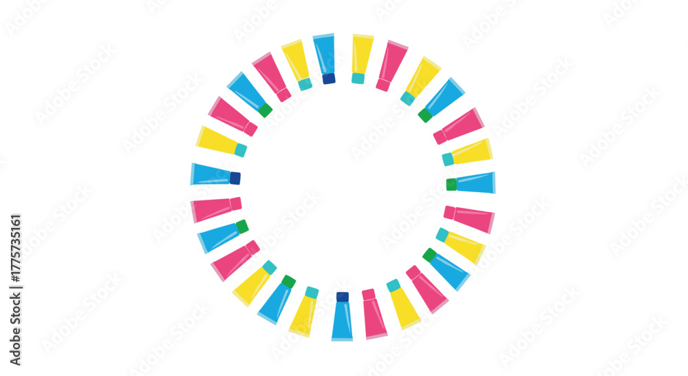 Fototapeta premium Striking circular border formed by numerous colorful paint tubes, offering a vibrant and artistic backdrop for various creative design projects.