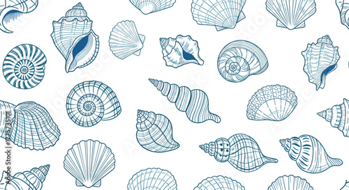 Intricate seamless pattern featuring various sea shells, conchs, and nautilus shapes, all meticulously drawn in detailed blue line art.