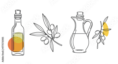 Simple line art illustrations showcasing olive oil bottles, jugs, and olive branches with fruits, conveying a natural aesthetic.