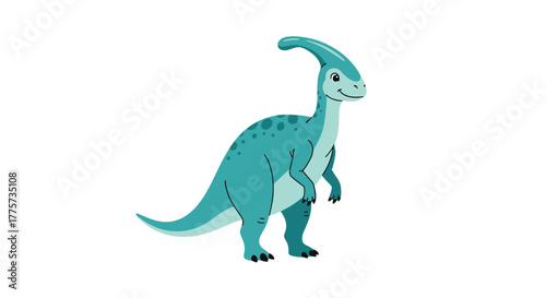 Friendly parasaurolophus dinosaur with a distinctive crest and spotted body, happily posing on a white background.