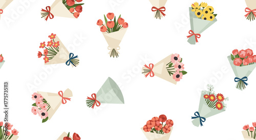 Festive seamless pattern with numerous colorful bouquets of flowers, charmingly wrapped in paper and scattered over a white background.