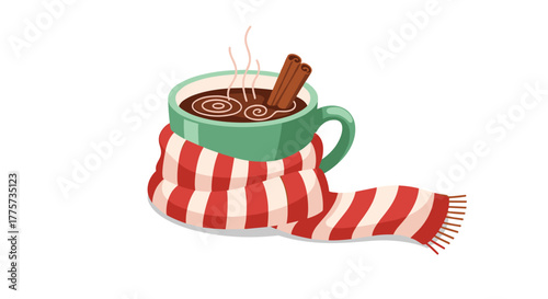 Cozy mug of hot chocolate or coffee wrapped in a red and white striped scarf, with cinnamon sticks for a festive touch.